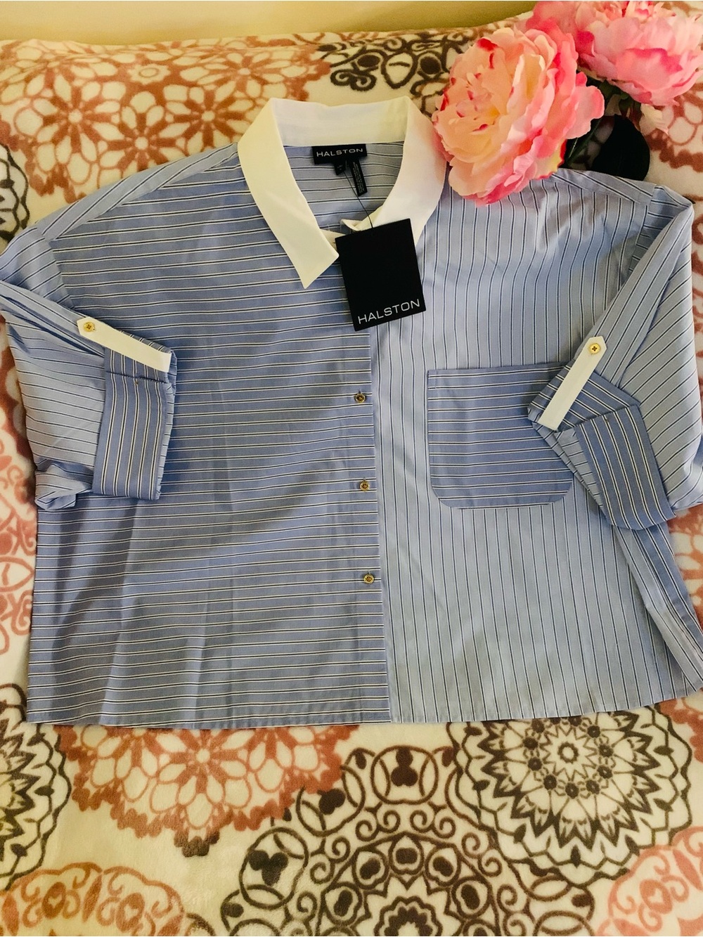 Halston Cotton Poplin Striped Button-Front Shirt Blue White Women’s Large Preppy